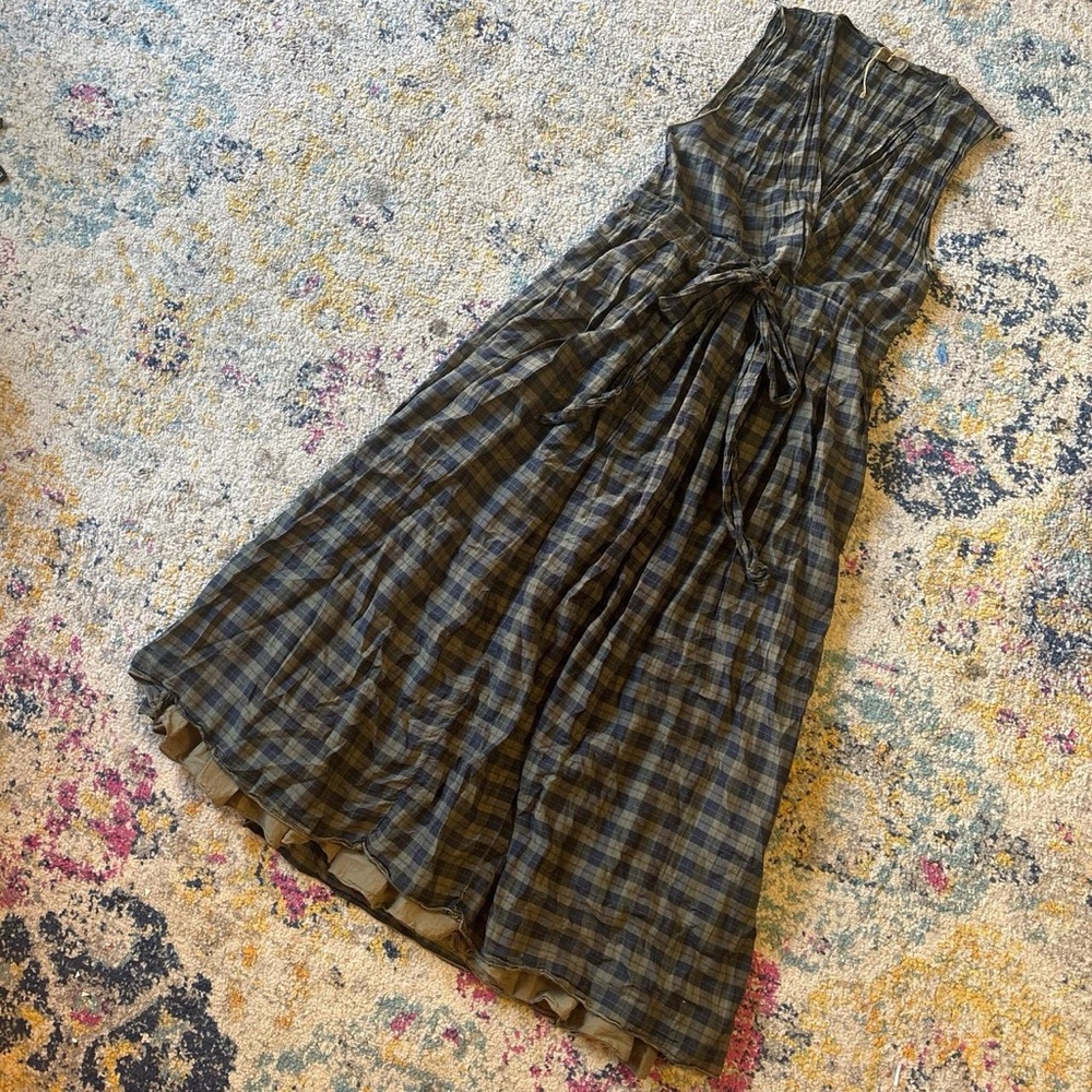 CP Shades Olive and Navy Plaid Sleeveless Maxi Dress with Front Tie